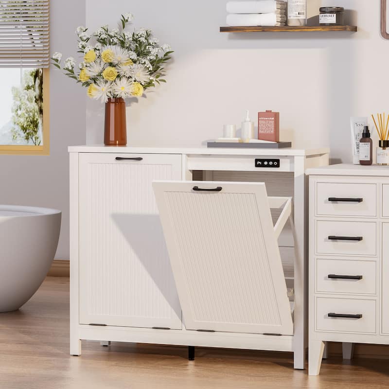 Fluted Double Tilt Out Trash Can Cabinet 20 Gallon With A Built-in Deodorizing System, Dog Proof Garbage Can