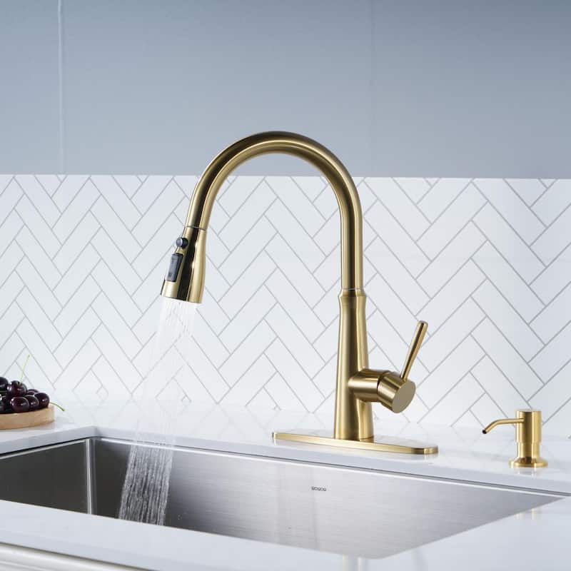 WOWOW Single Handle 3-Mode Pull Out Sprayer Kitchen Faucet