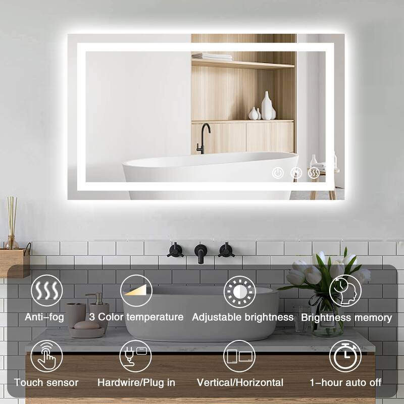 LED Bathroom mirror with Light,Dimmable 3 Colors Temperature Anti-fog Wall Mounted LED Bathroom Mirror(Frontlit & Backlit)