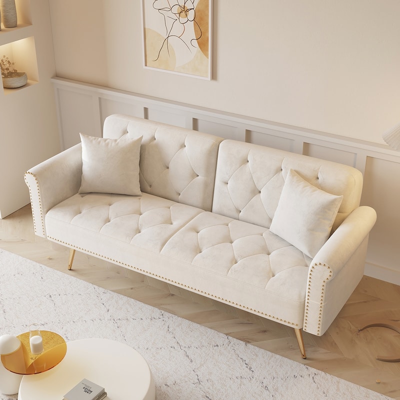 Velvet Tufted Back With 3 Pillow - Beige