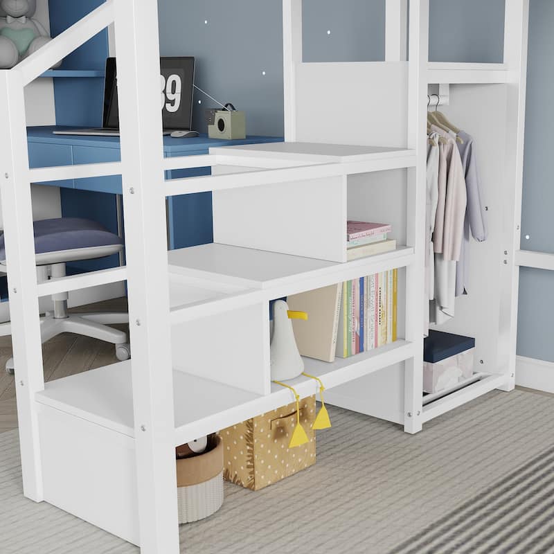 White High Loft Bed Frame with Storage Stairs and Wardrobe, Loft Metal Frame Bed with High House Shaped Guardrails for Kid Teens