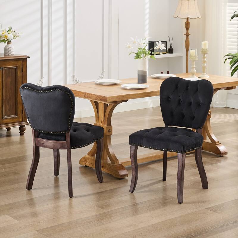 French Vintage Style Dining Chairs Set of 2, Upholstered Button Tufted Kitchen Chairs with Nailhead Trim - Black