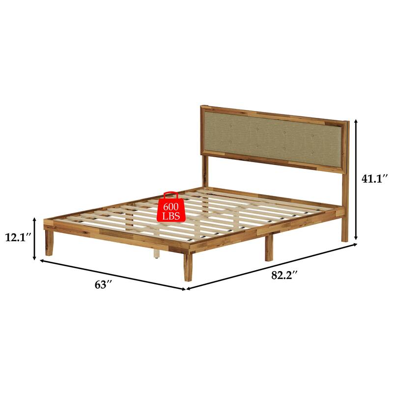 Acacia Wood Platform Bed Frame with Upholstered Headboard - Solid Wood Construction