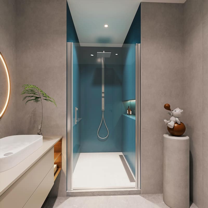 Semi-Frameless Pivot Shower Door with Tempered Glass - 28'' x 72'' - Chrome