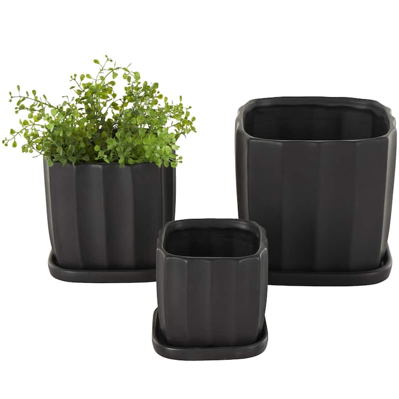 Ceramic Ribbed Indoor Outdoor Planter with Attached Saucer - Set of 3 Black or White - Roche River Decor - Black