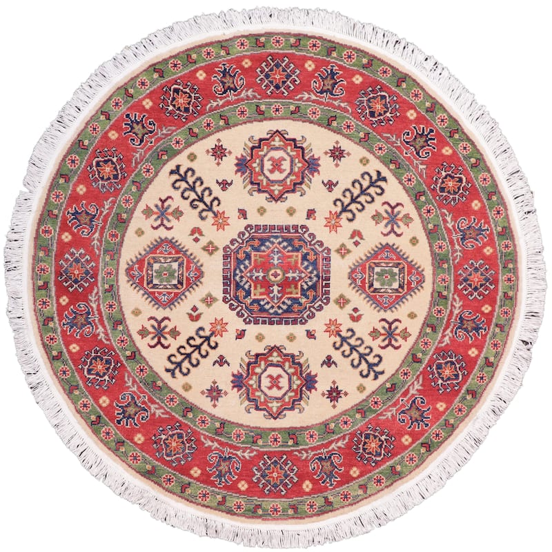 Southwestern Kazak Jakobe Natural/Red Wool Round - 4'9'' x 4'11''