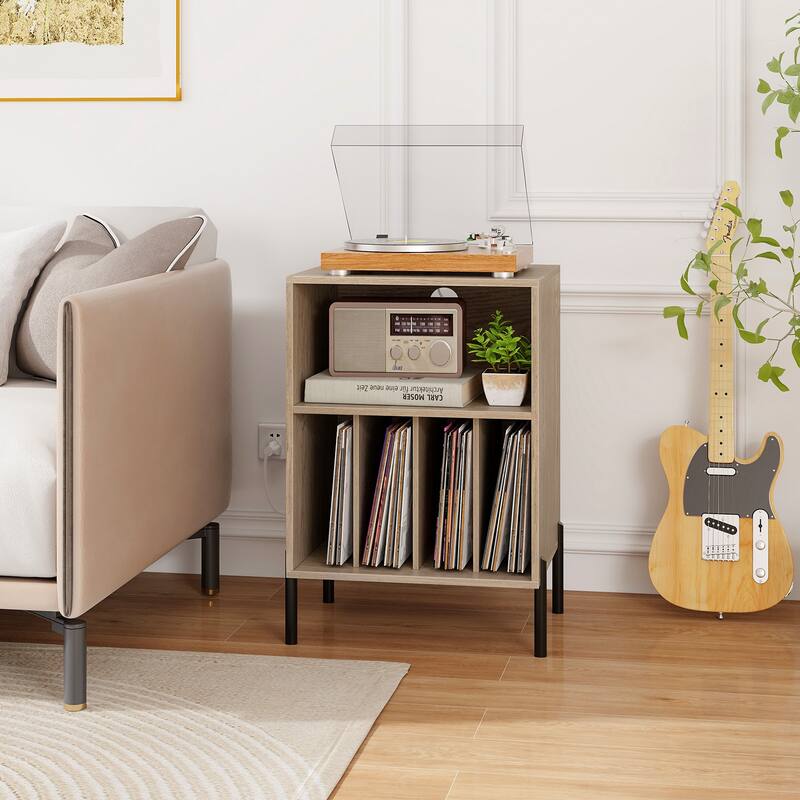 Gymax Record Player Stand w/Charging Station 5 Storage Compartments