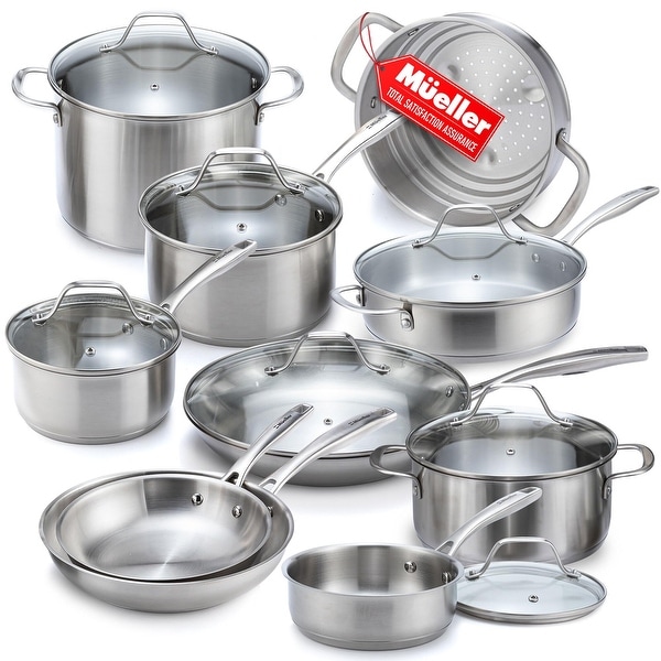 Mueller Pots and Pans Set 17-Piece, Ultra-Clad Pro Stainless Steel Cookware Set, Ergonomic EverCool Handle, Induction Cookware, Includes Saucepans, Skillets, Dutch Oven, Stockpot, Steamer For Cooking - Thumbnail 2