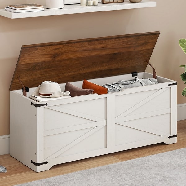 47" Storage Bench Farmhouse Storage Chest with 2 Safety Hinges for Entryway, Bedroom, Living Room