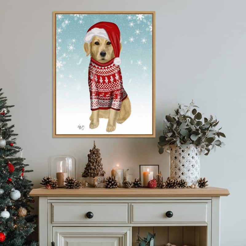 Golden Retriever in Christmas Sweater by Fab Funky (23 x 28 in.), Framed Canvas Wall Art Print - Sylvie Natural