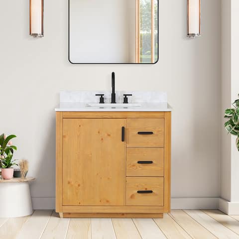 Altair Perla Bath Vanity in Natural Wood with Grain White Composite Stone Top,no Mirror