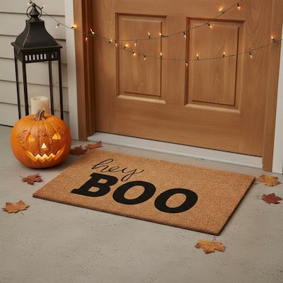 HomeRoots 24" X 36" Natural And Black Halloween Hey Boo Outdoor Coir Door Mat - 24.00' X '36.00