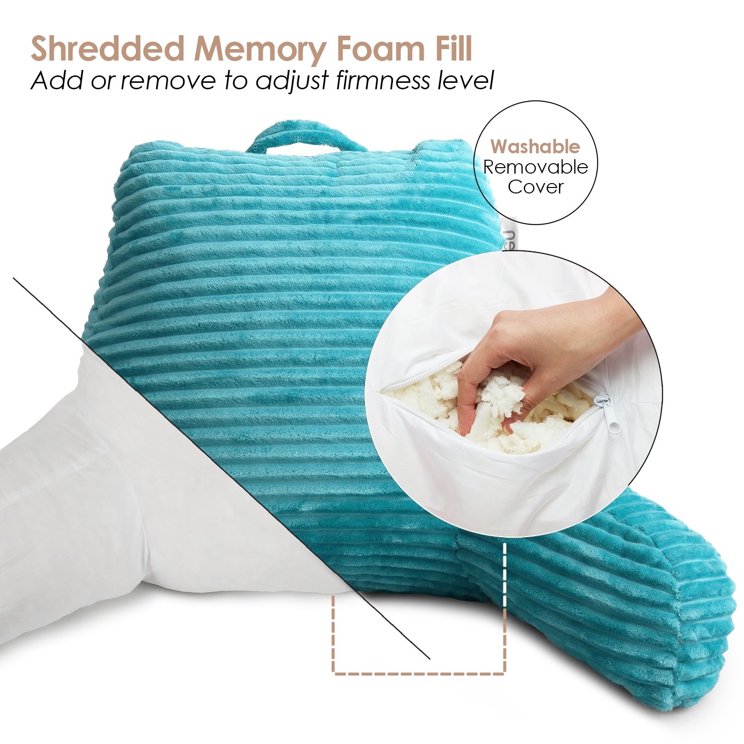 Nestl Cut Plush Striped Reading Pillow - Back Support Shredded Memory Foam Bed Rest Pillow with Arms - Medium - Teal