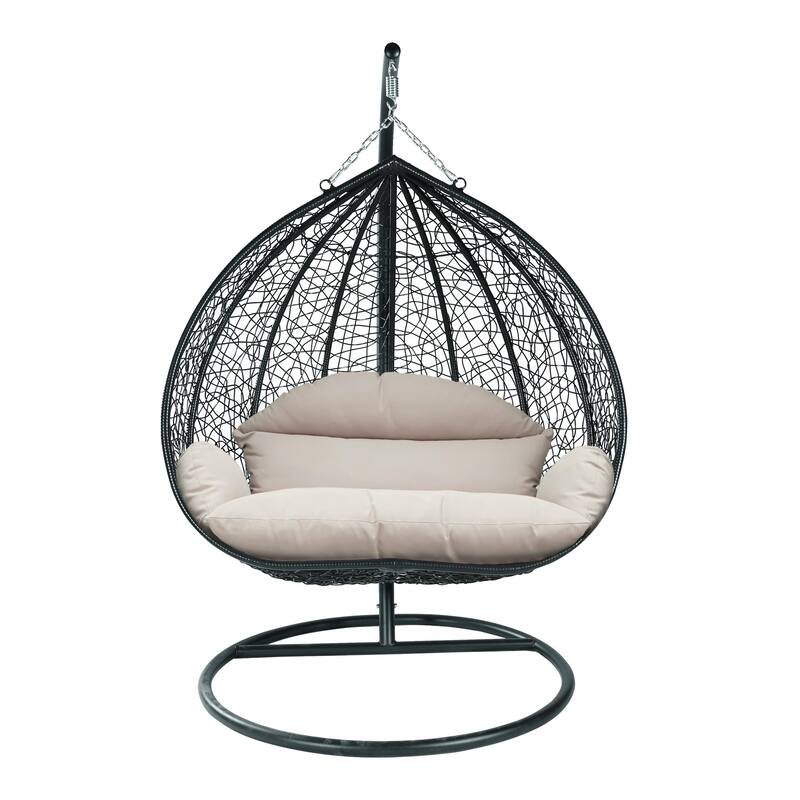 2-Person Outdoor Hanging Egg Chair with Teardrop Frame, Weather-Resistant Cotton Cushioned Seat for Patio and Indoor Use - Beige