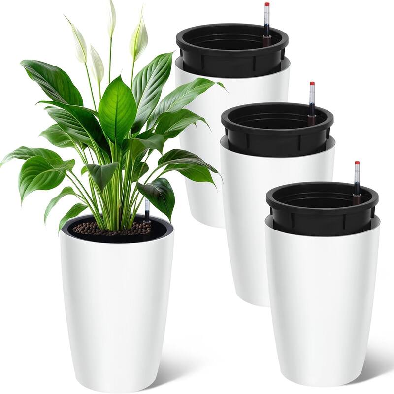 Set of 4 16-in Tall Self-Watering Planters with Built-in Drainage and Water Level Monitor Black - White