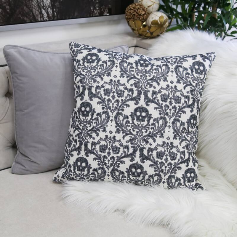 Gothic Damask Skull Throw Pillow - Black & White Cotton Linen Set of 2