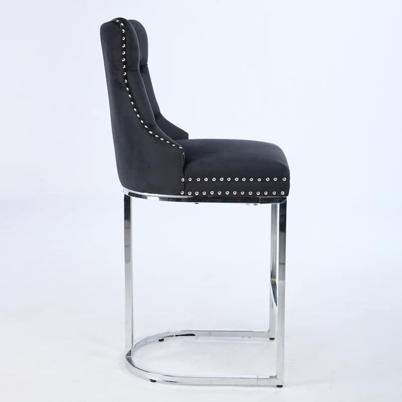 Counter Height Bar Stools Set of 2, Velvet Upholstered Accent Chairs with Button Back, Rivet Trim and Chromed Metal Base Legs