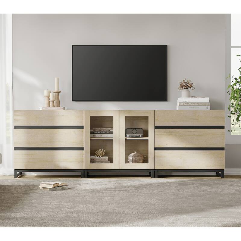 3 In 1 TV Stand for Tvs Up to 100 Inch, Modern TV Console with Glass Doors and 6 Drawers, Entertainment Center for Living Room