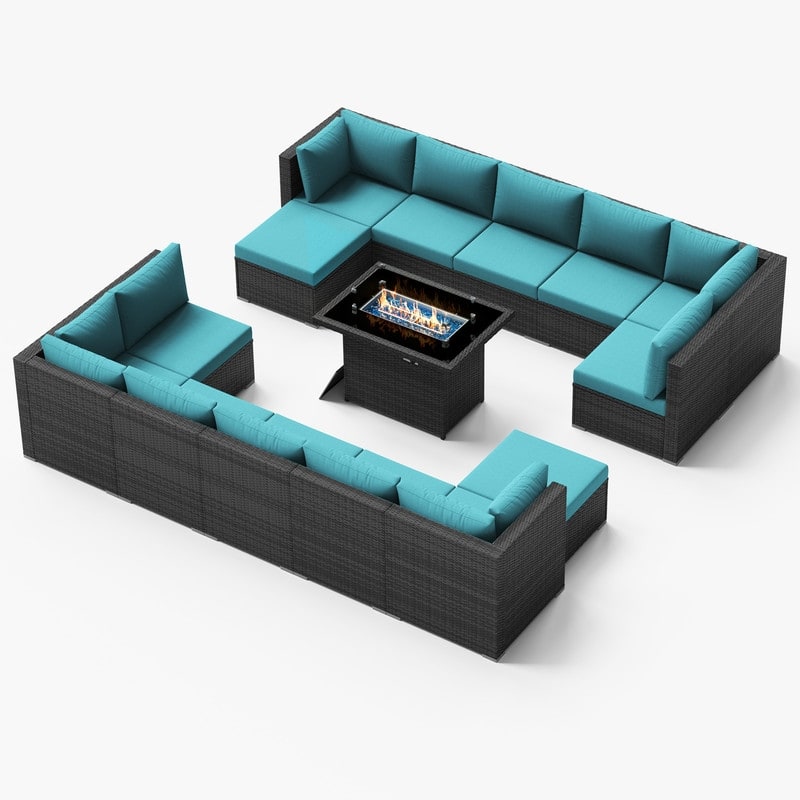 FINCATI 15-Piece Grey Wicker Patio Conversation Sofa Set with Ottomans, 43″ Fire Pit Table - Teal