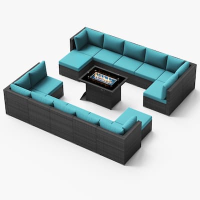 FINCATI 15-Piece Grey Wicker Patio Conversation Sofa Set with Ottomans, 43″ Fire Pit Table