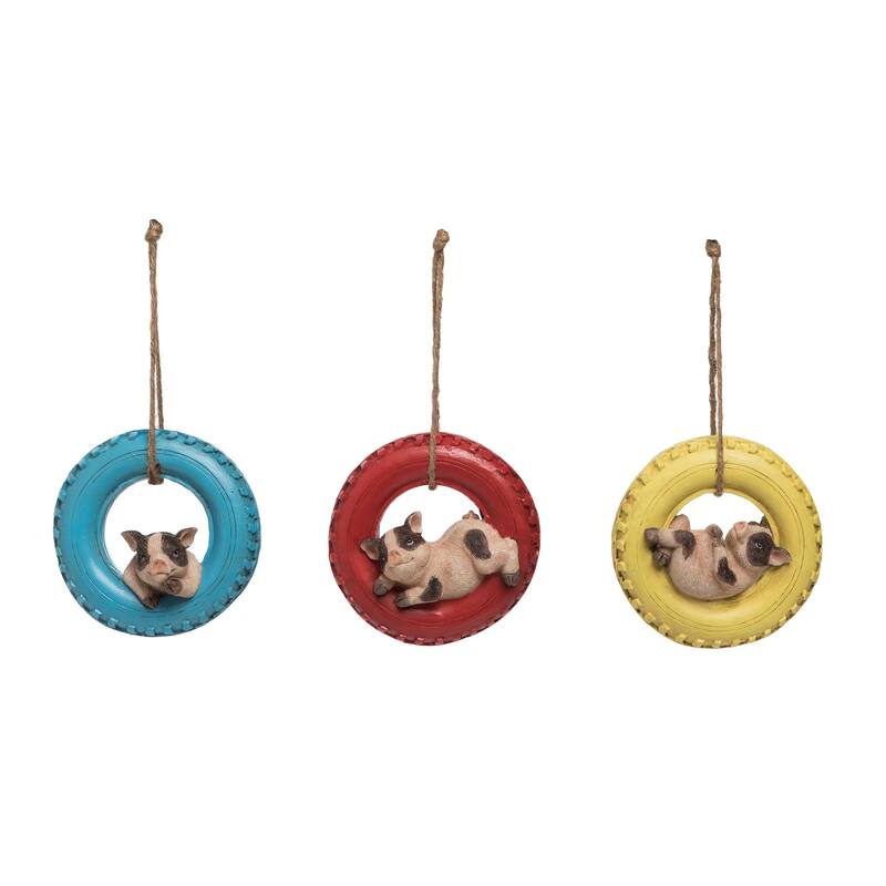 Transpac Resin Pig in Tire Swing Set of 3 Spring Home Decorations