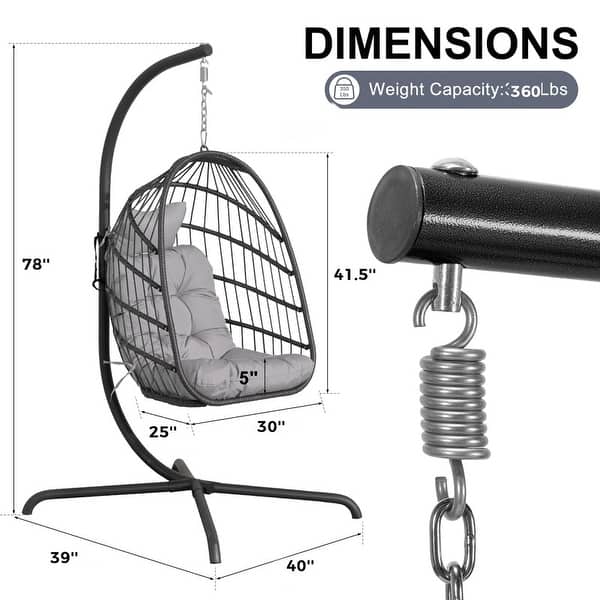 dimension image slide 3 of 5, Oversized 1-Person Foldable Hanging Egg Chair - Wicker Swing Chair with Stand, Portable for Indoor Outdoor Patio