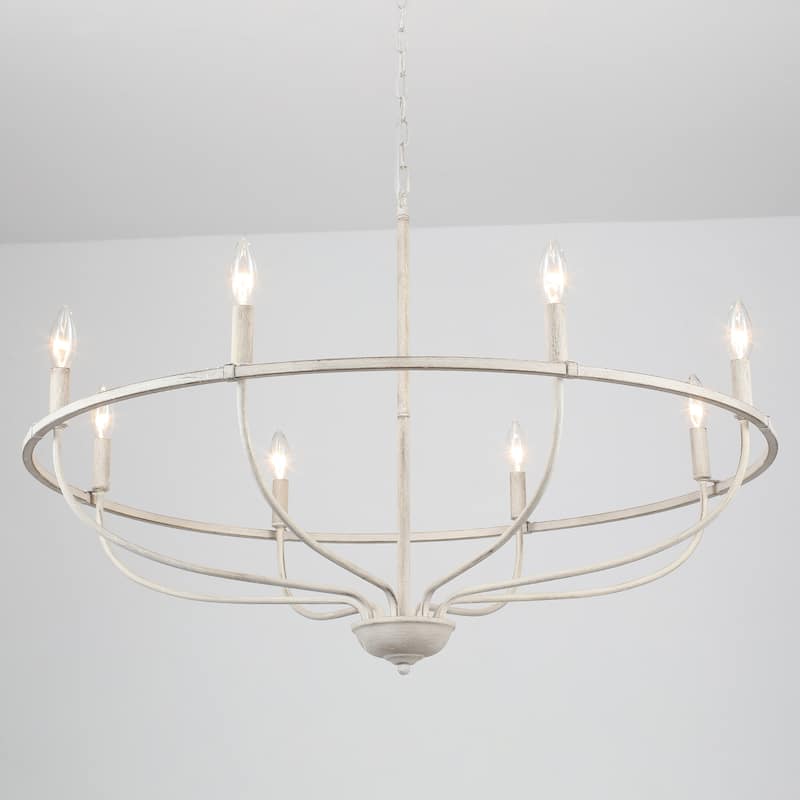 8-Light Wagon Wheel Chandelier, Traditional Metal Ceiling Light for Dining Room Living Room Bedroom Kitchen - W35.43"x H10.39" - Distressed Wood