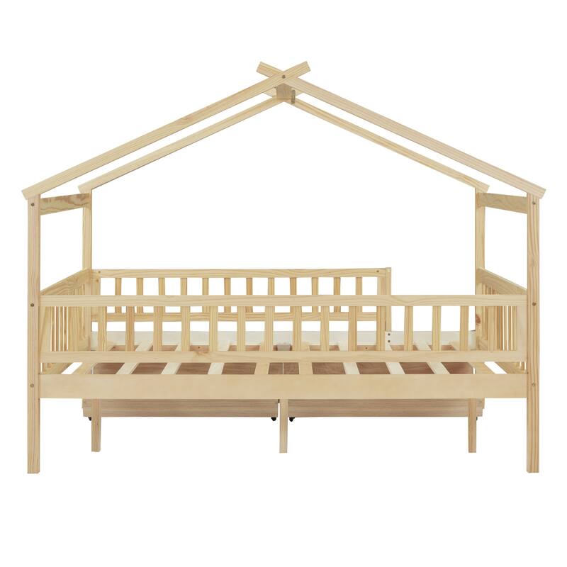 Kids Twin/Full Wooden House Bed with Roof and Storage Drawers, Solid Pine Frame