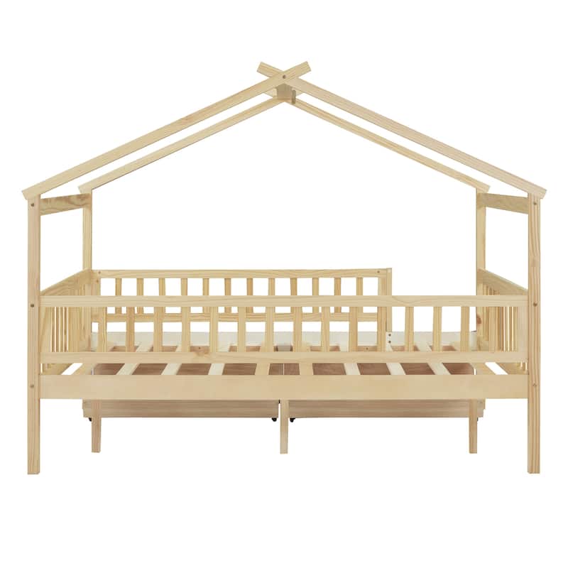Natural Full Size Wooden House Bed with Two Drawers and Roof for Kids, Boys and Girls, Bedroom