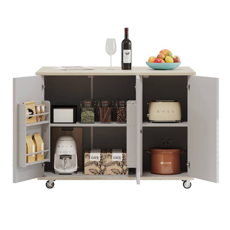 Modern 51.2" Kitchen Island with Drop Leaf and Handwoven Ash Veneer Doors, Internal Storage Racks on Wheels