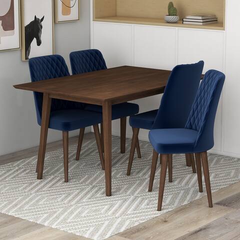 Adelia Mid Century Style 5 Piece Solid Wood Walnut Brown Dining Set