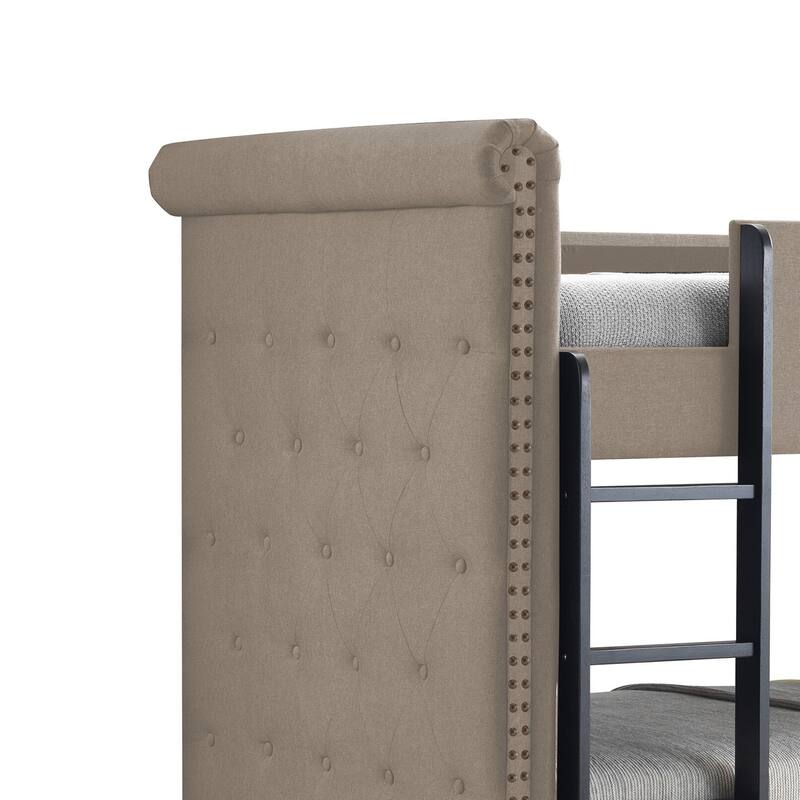 Chesterfield Design Twin Size Bunk Bed with Nailhead Trim, Beige and Black
