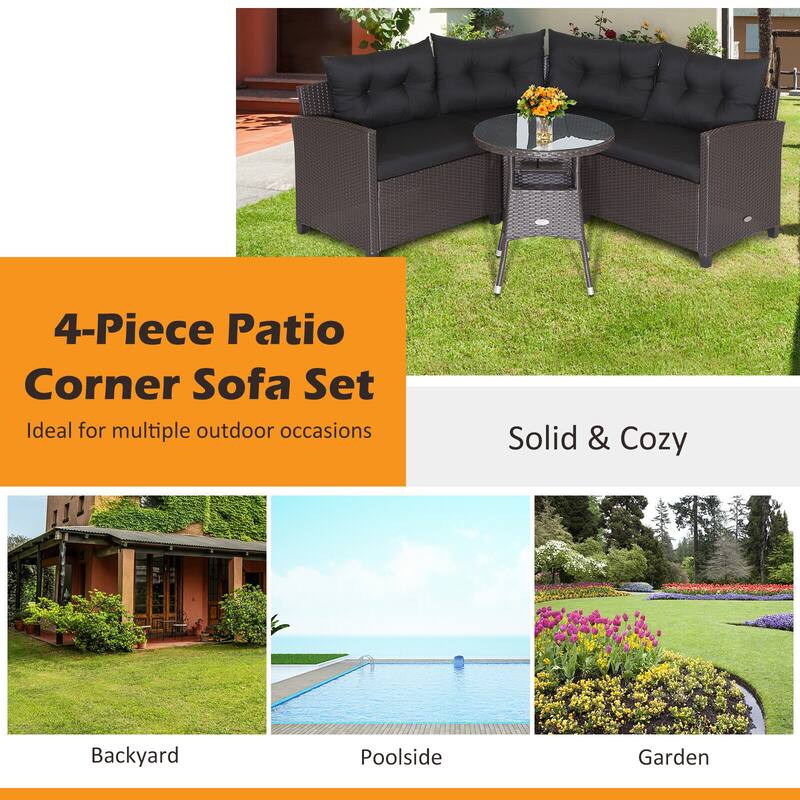 4 Pieces Patio Rattan Furniture Set Cushioned Sofa Glass Table - 49.5" x 23" x 29"