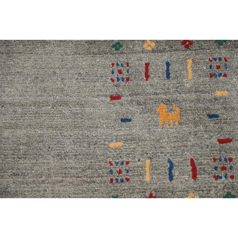 Hand Knotted Oriental Viscose Silk Carpet Tribal Animal Pictorial Greys & Charcoal Gabbeh Area Rug - 11' 9'' X 8' 11''
