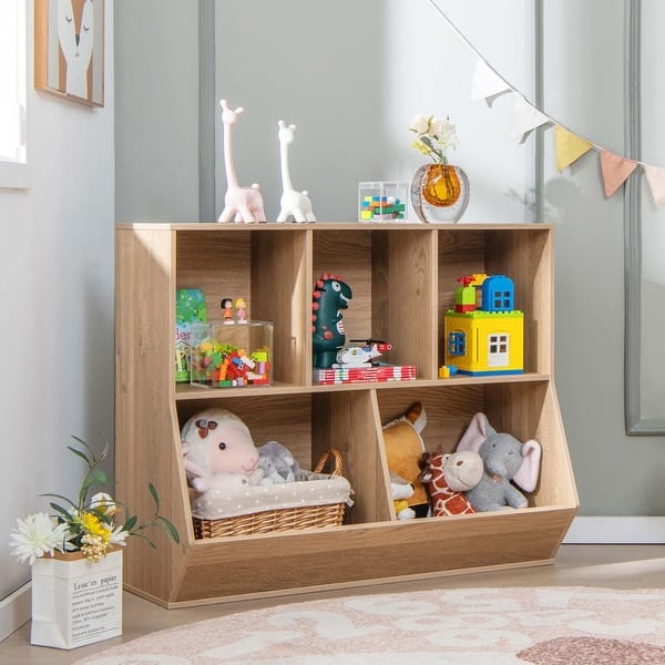 slide 2 of 7, 5-Cubby Kids Toy Storage Organizer Wooden Bookshelf Natural/White