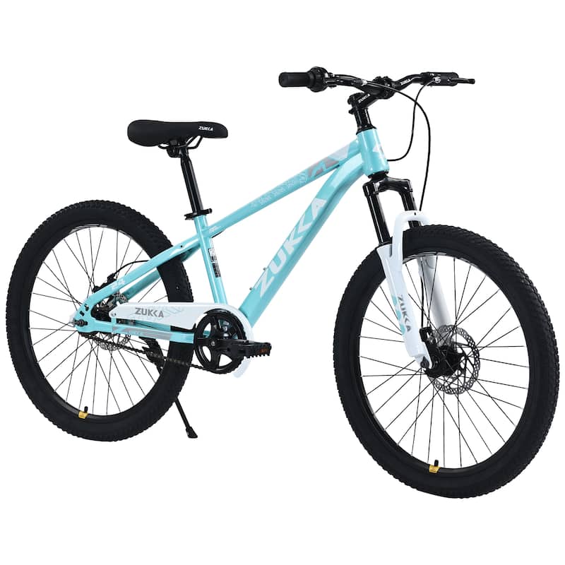Mountain Cycling Bike 24 Inch Road Commuting Kids Bicycle with Dual Disc Brakes and Shock-Absorbing Fork for Boys and Girls - Cyan