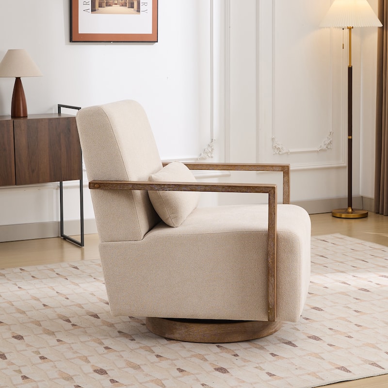 Mid-Century Boucle Upholstered Swivel Armchair With Pillow