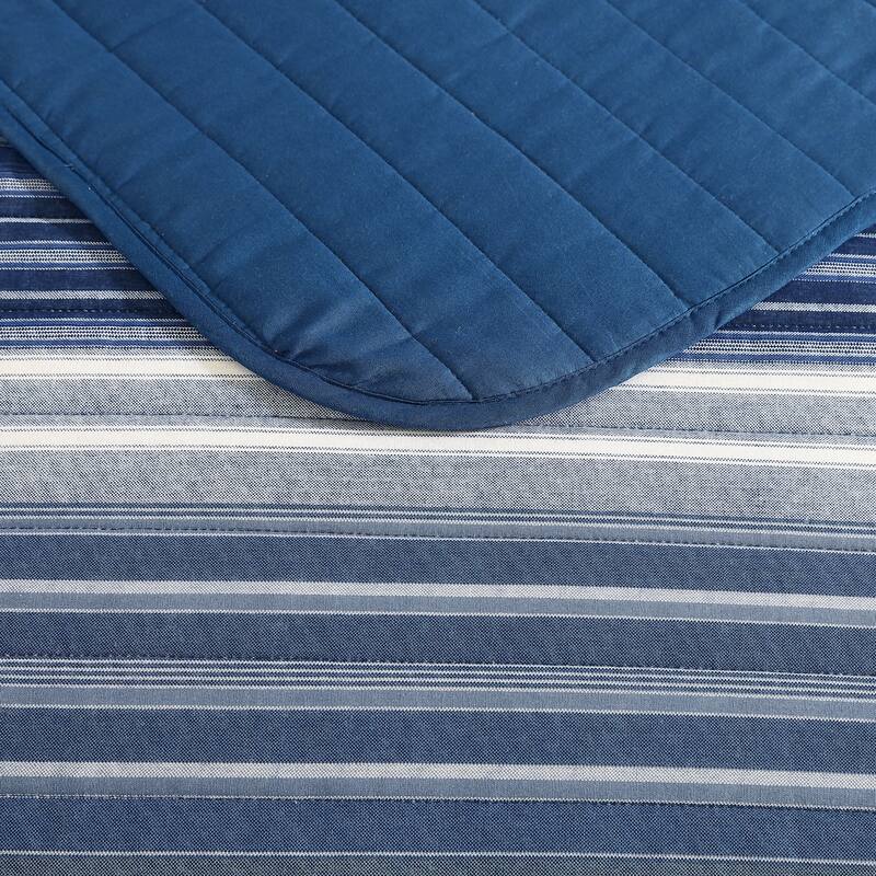 Nautica Coveside Seascape Stripe With Solid Reverse Cotton Quilt (Blue, 3 Piece Set)