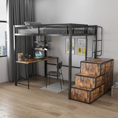 Full Loft Bed with Built-In Desk & USB Charging, Heavy Duty Metal Frame, 4 Hidden Drawers & Staircase