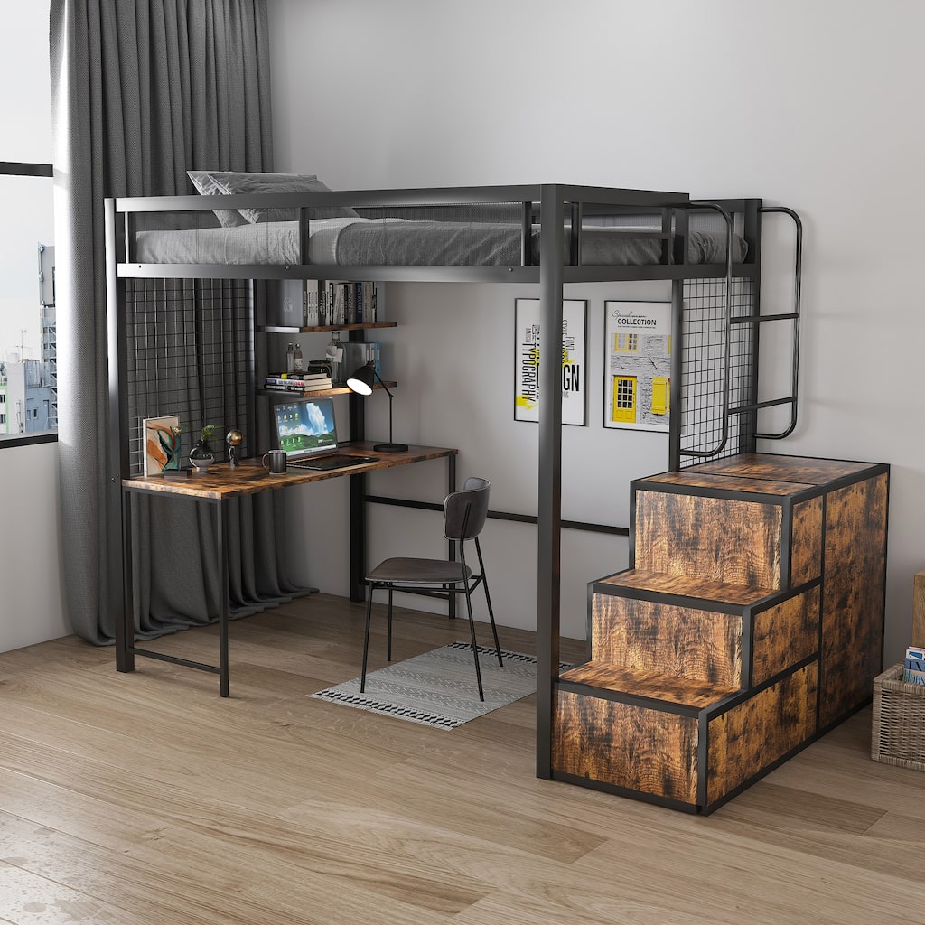 Full Loft Bed with Desk & USB Charging - Heavy Metal Frame, 4 Hidden Drawers, Staircase & Storage Rack Space-Saving