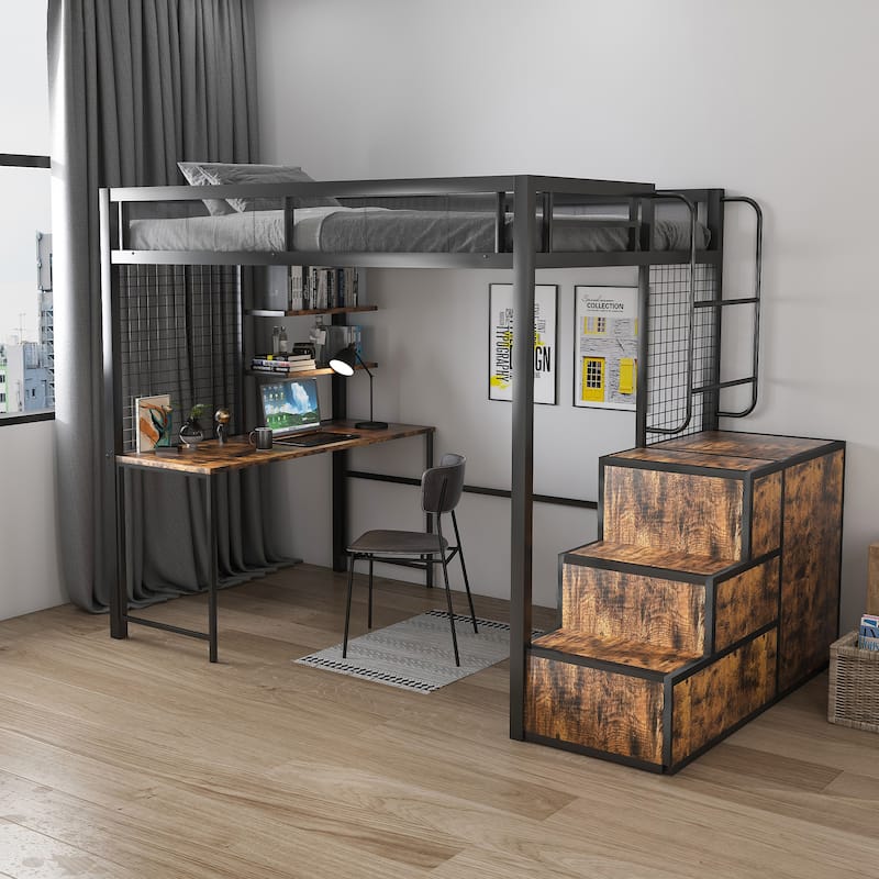 Roomfitters Full Size Loft Bed with Desk and Hidden Drawers, Metal High Sleeper with Staircase and Charging Station, Black