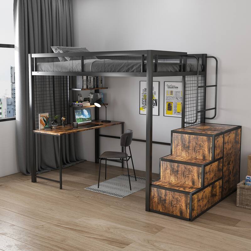 Space-Saving Full-Size Loft Bed with Desk & USB Charging, Modern Heavy Metal Bed Frame, Hidden Drawers, Staircase & Storage Rack - Black