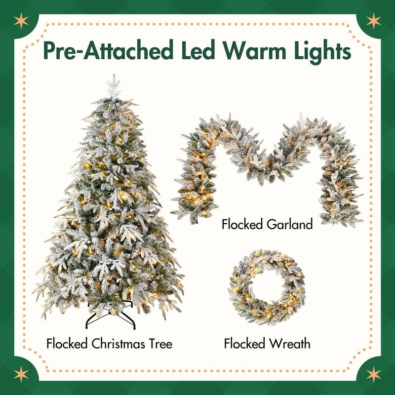 3 Pac Snowy Flocked Christmas Decor with Warm LED Lights, 9ft Flocked Garland, Flocked Wreath, 6ft Flocked Tree - N/A