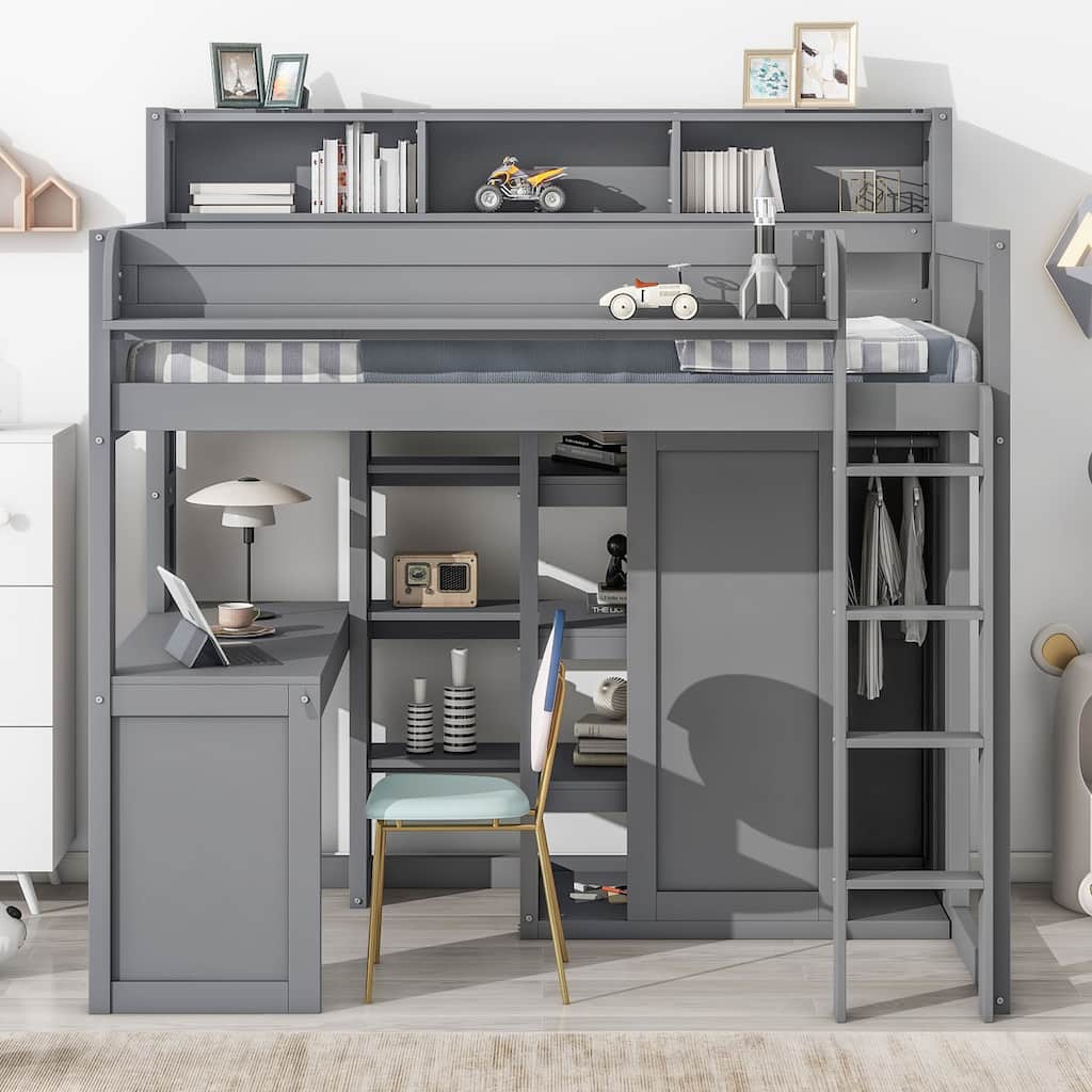 Twin Loft Bed w/Storage Shelves, Under-Bed Desk, Wooden Bed Frames