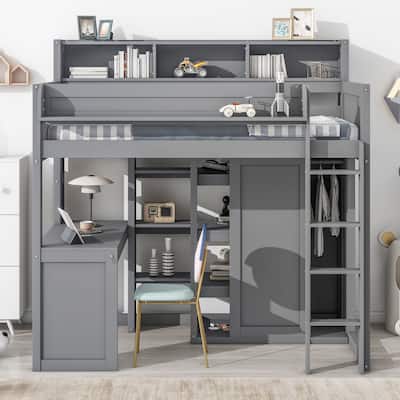 Twin Size Loft Bed with Desk, Wardrobe, and Multiple Storage Shelves, Sturdy Pine Wood Frame, Ideal for Small Bedrooms