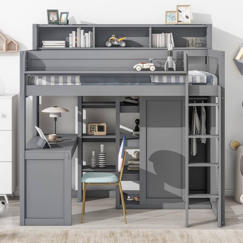 Twin Size Loft Bed with Storage Shelves, Wardrobe, and Built-in Desk, Gray