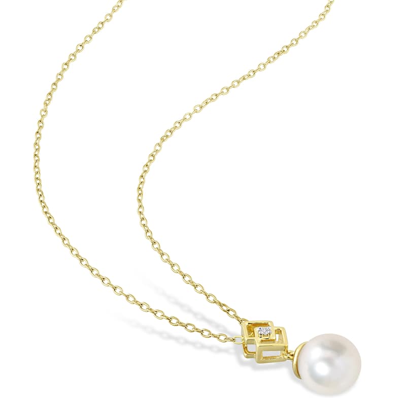 Miadora White Topaz and 8-9mm White South Sea Cultured Pearl Fashion Pendant with Chain Yellow Silver