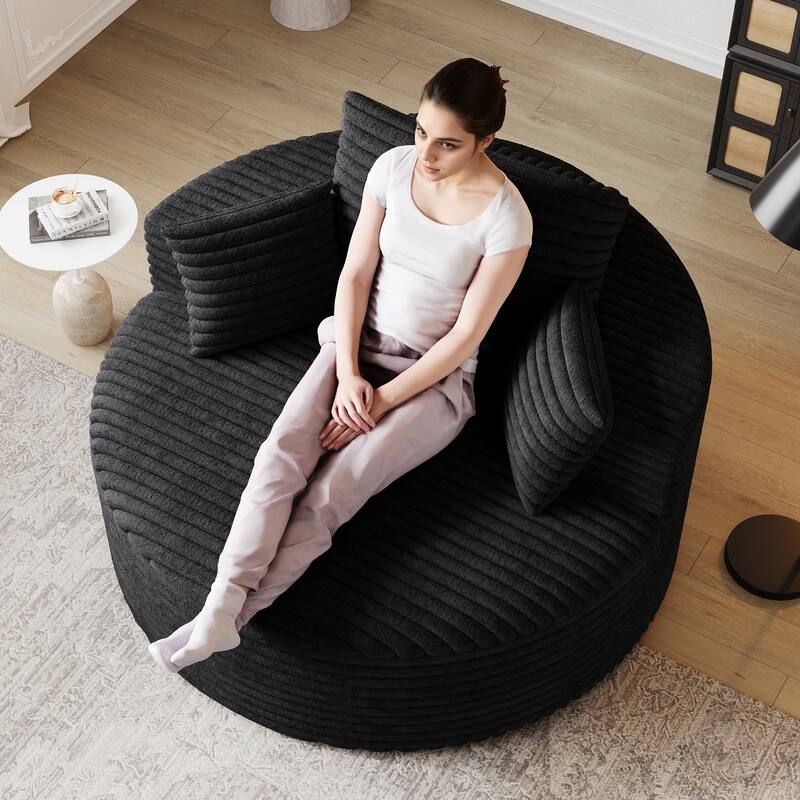 Corduroy Upholstered Single Sofa, Oversized Fluffy Sleeper Chair, Round Reading Chair with Headrest & 2 Pillow