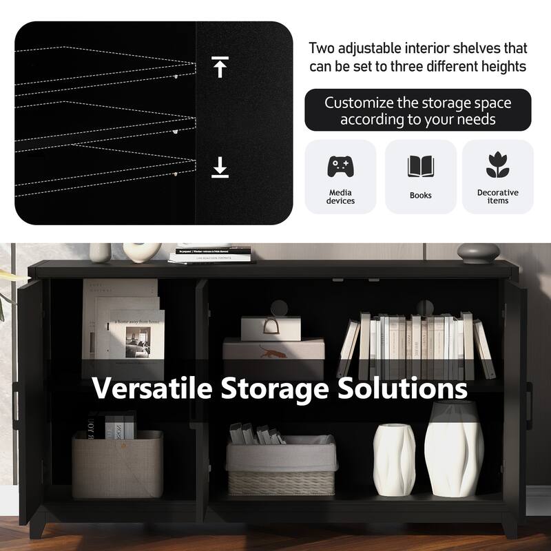 Black 59.1" TV Stand Console Cabinet with 2 Spacious Storage Space and Solid Wood Legs for TVs Up to 65"