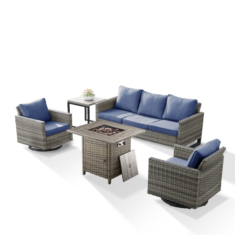 5 Pieces Fire Pit Table with Sofa Swivel Chair Set